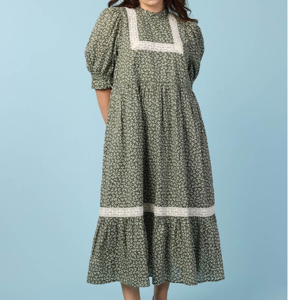 NWT Joanie Clothing CERI Sage Floral Print Puff Sleeve Prairie Dress (US 18)!